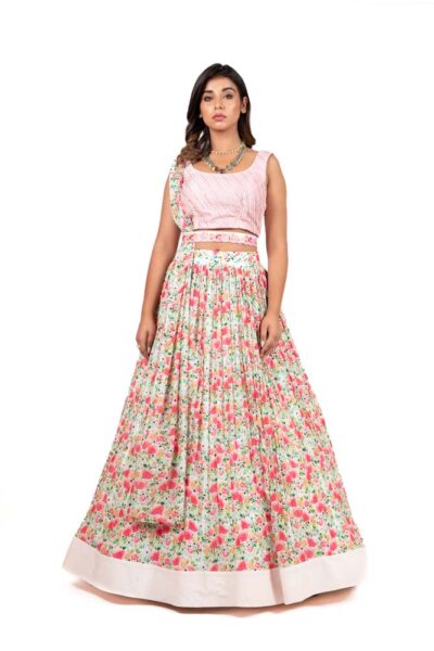 flower cluster skirt with palla drape blouse