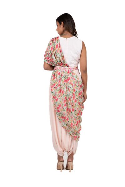 flower cluster shoulder drape with harem pants and top